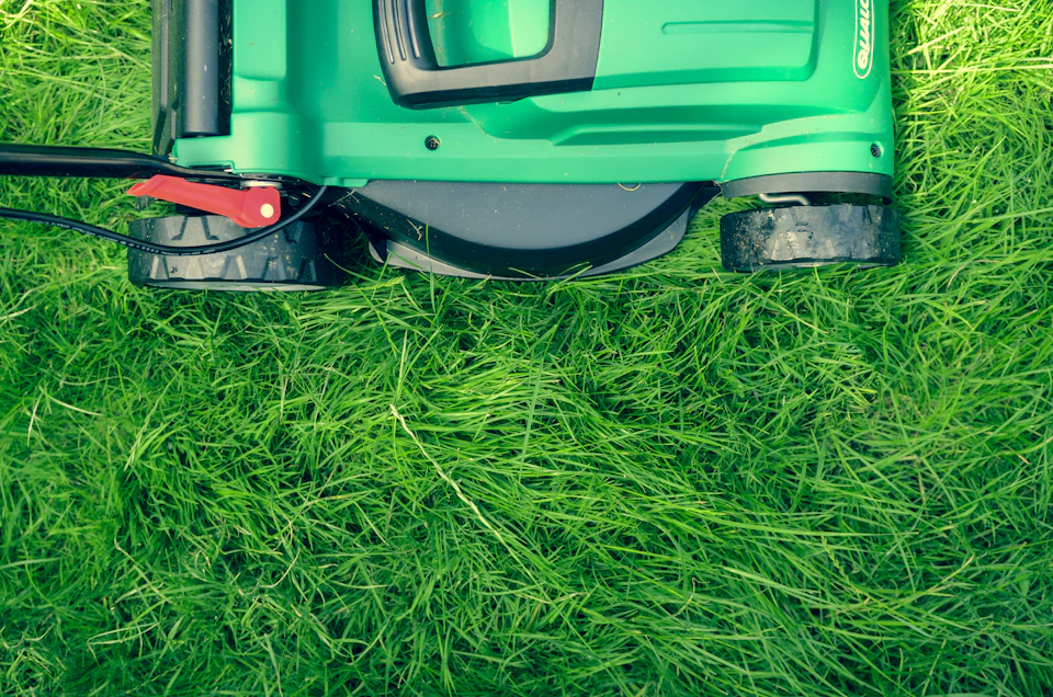 Green and black lawnmower on green grass