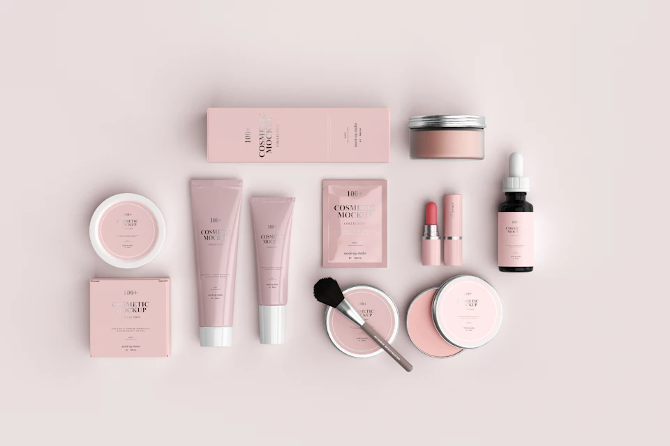 Assorted pink cosmetic containers, tubes, and a makeup brush on a pale background