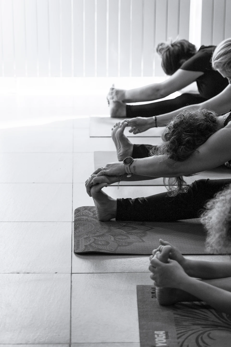 People stretching on yoga mats in a studio