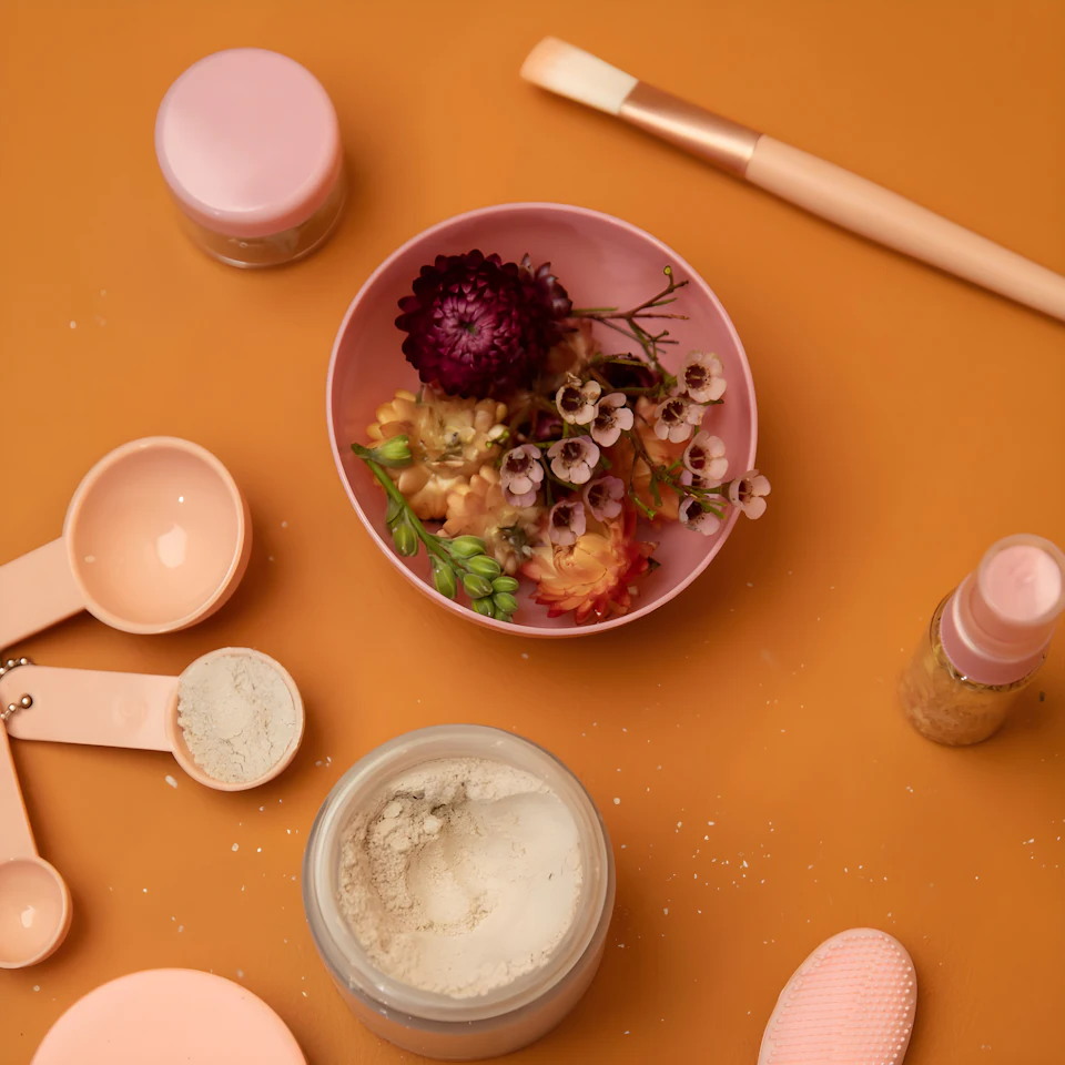 Cosmetic ingredients and tools arranged on an orange surface