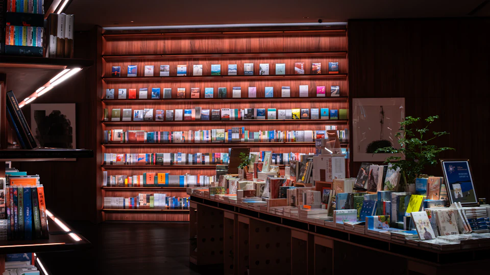 Bookshelves filled with books in a dimly lit store